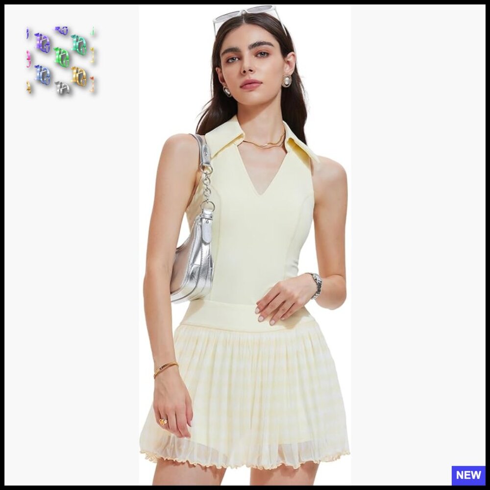 Pleated Tennis Skort Set V-Neck Racerback Top Padded Bra Activewear Outfit